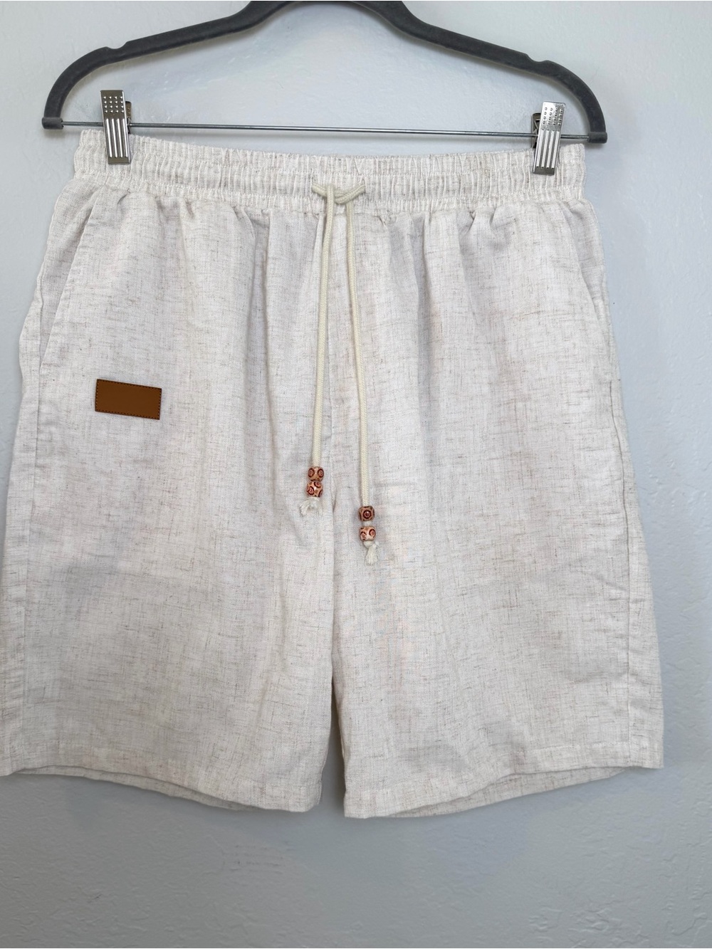 Coofandy Men's Medium Cream Linen Blend Elastic Waist Casual Shorts